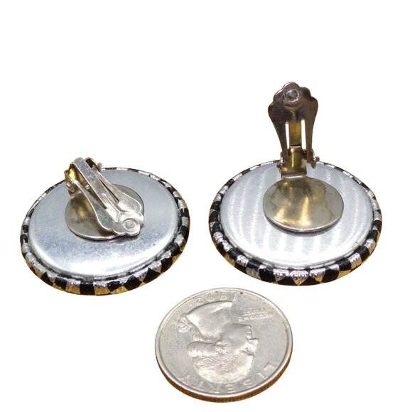 Vintage Sleek Checkerboard Fabric Earrings, Silver Metallic Shimmer and Black - Picture 4 of 4